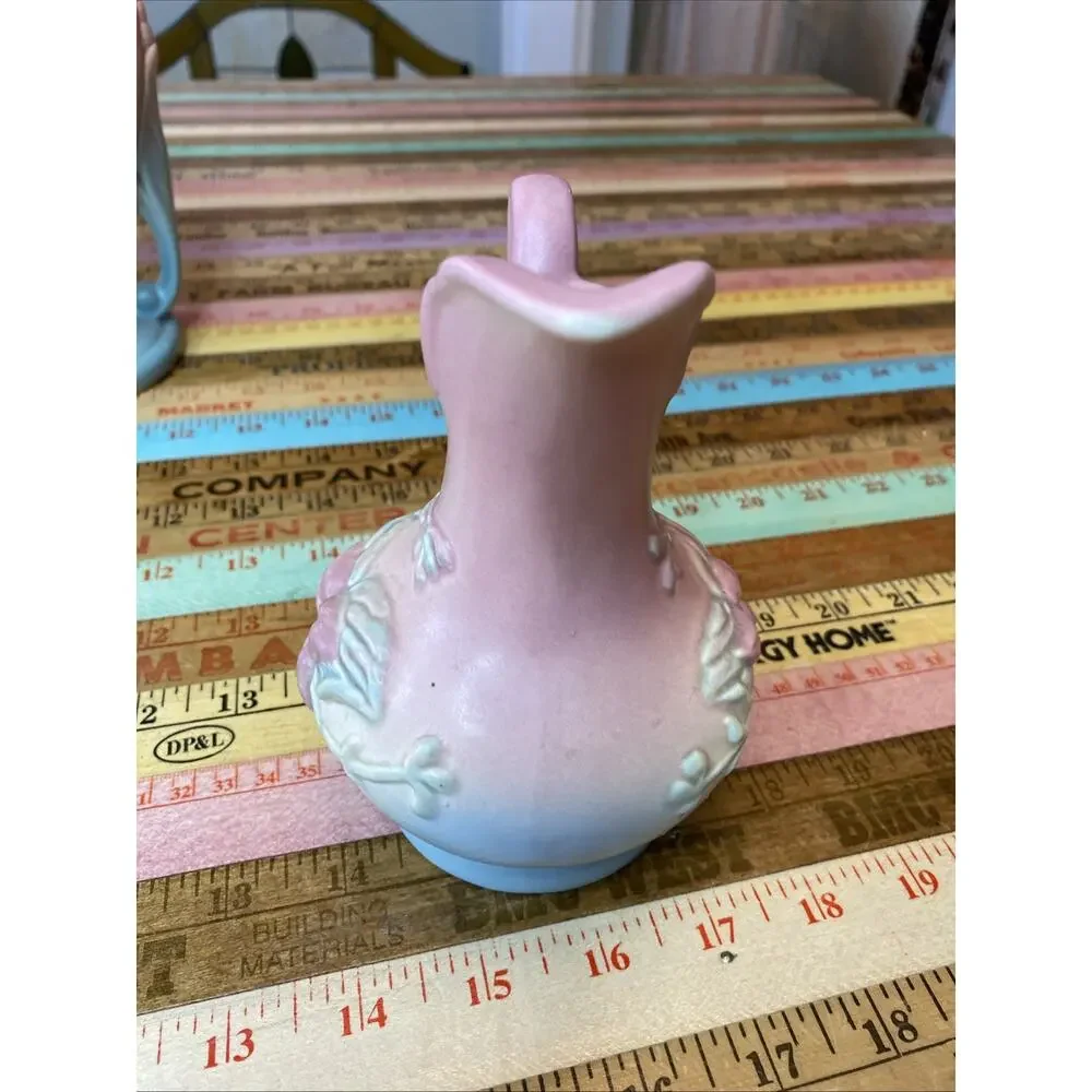 Vintage 2 HULL ART POTTERY Pink WILD FLOWER Vase Pitcher 2 PC 2X5 8.5 Inches USA